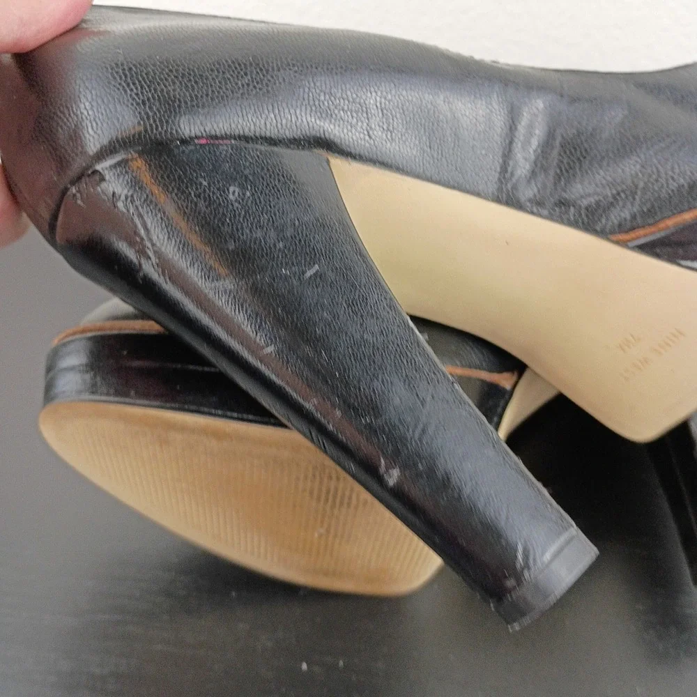 Nine West Womens Black Leather Platform Pumps Round Toe Block Heel Size 7.5M